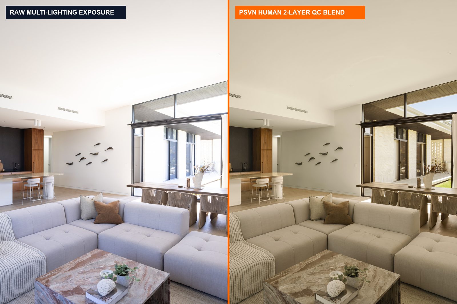 AI Real Estate Photo Editing vs. Human Hand-Blended Retouching: 2026 Studio Quality & Cost Test 1 Before and after comparing raw exposure vs human hand-blended real estate photo editing by PSVN