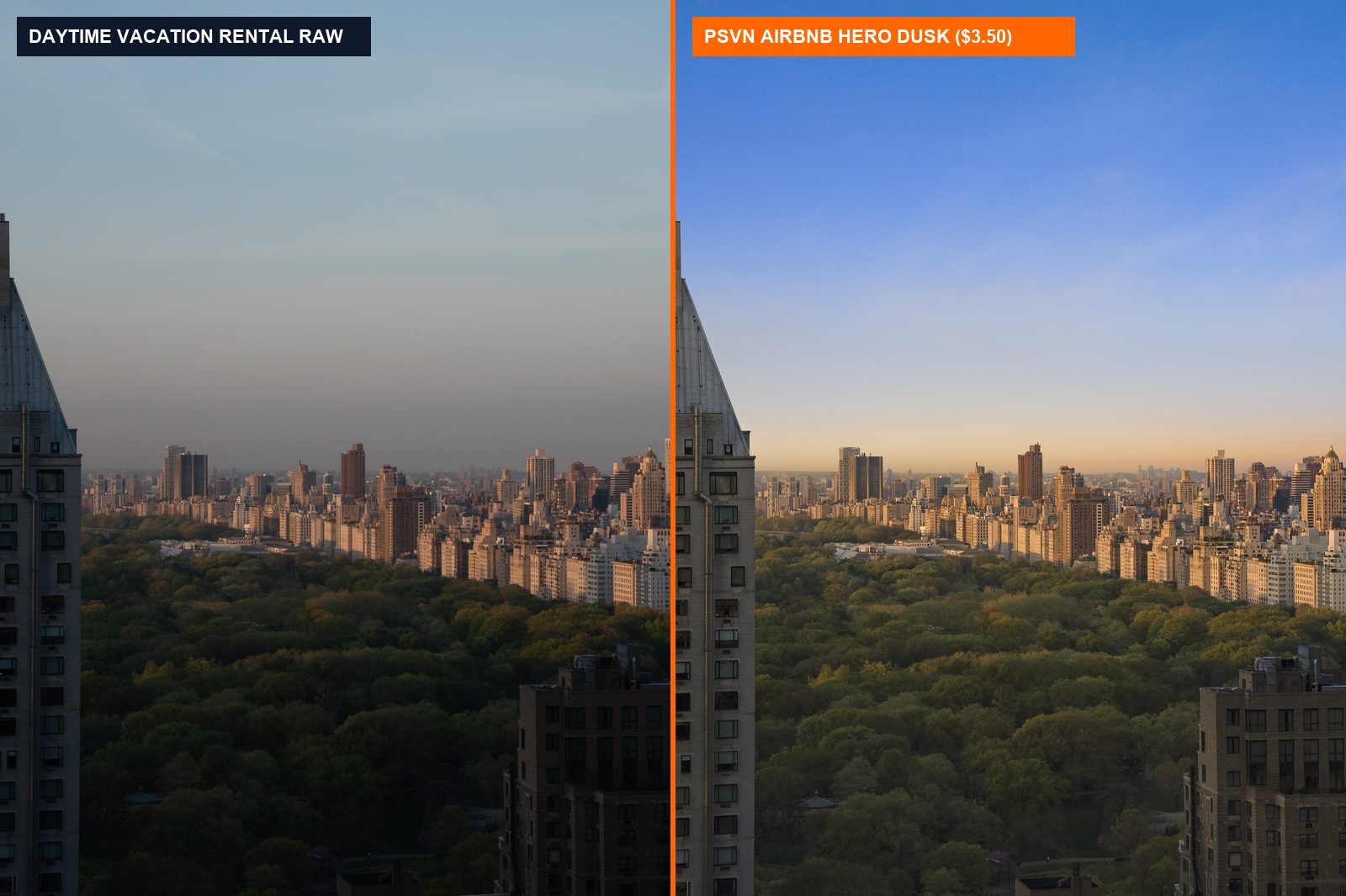 Before and after Airbnb vacation rental photo editing comparing daytime exterior vs PSVN warm twilight hero conversion