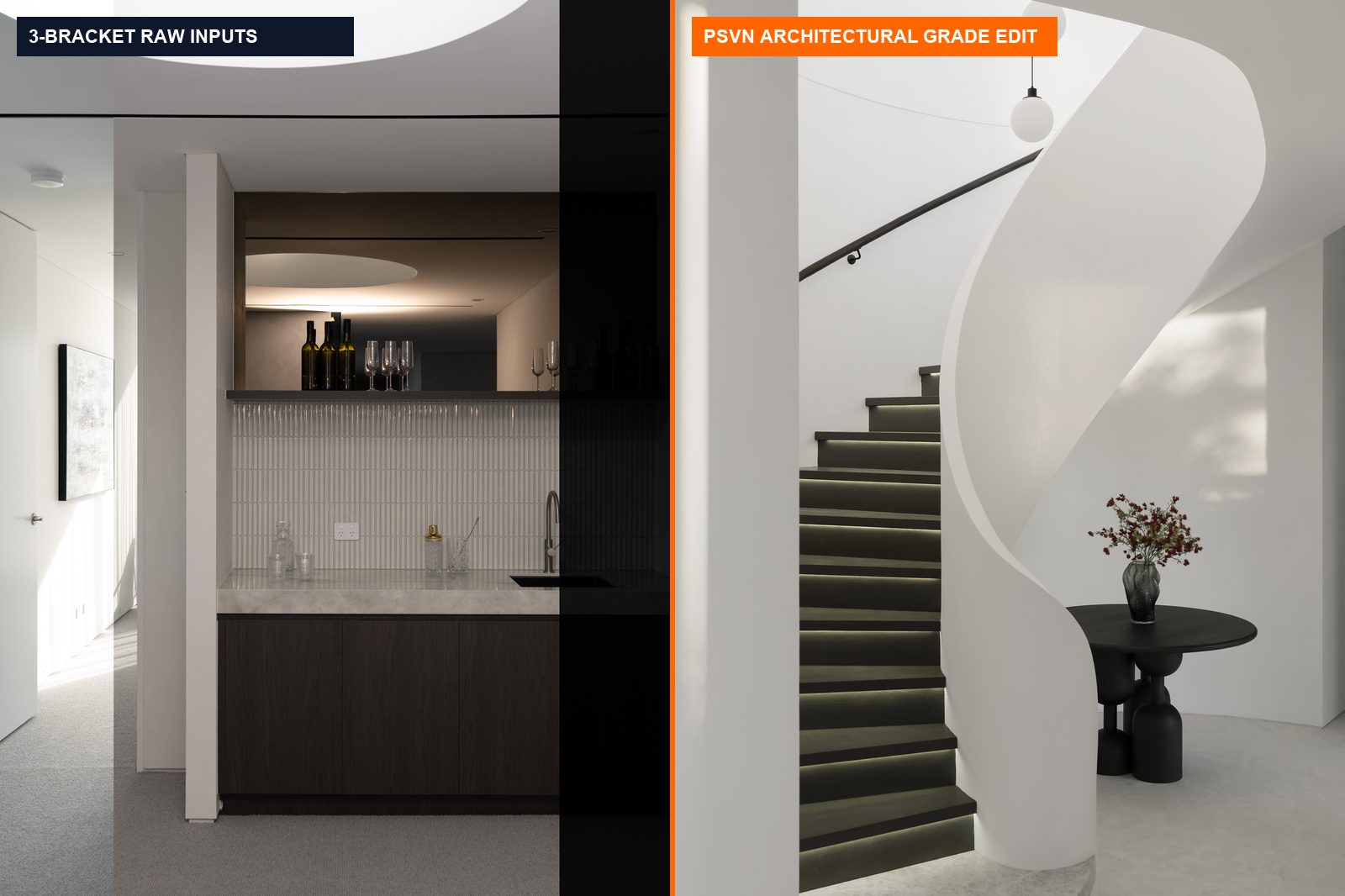 Architectural Real Estate Photo Editing vs. Standard MLS Editing: Color, Shadows & Rates (2026) 1 3-exposure RAW bracket strip vs finished architectural real estate photo editing by PSVN