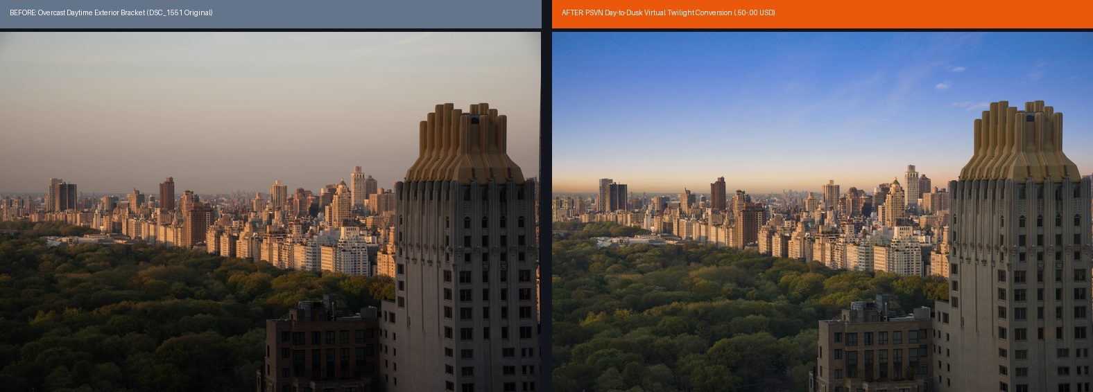 Before and after Day-to-Dusk virtual twilight conversion from a daytime exterior bracket by PSVN