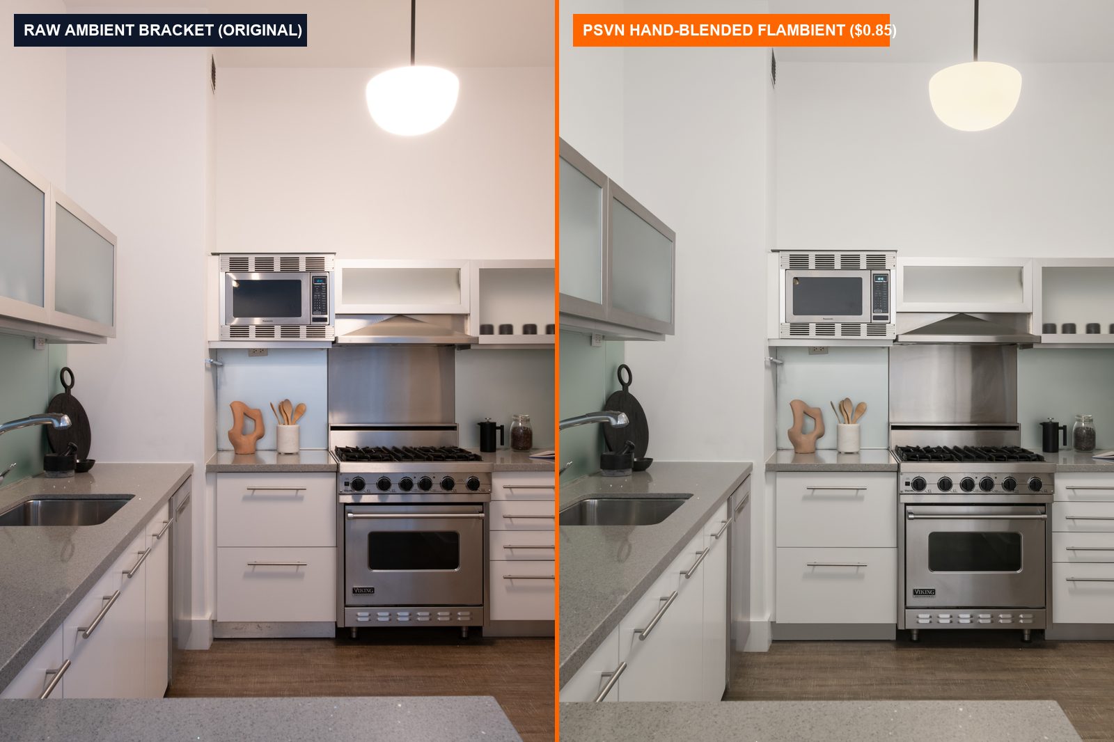 Before and after hand-blended Flambient real estate photo editing comparing raw bracket vs PSVN 2-layer QC delivery