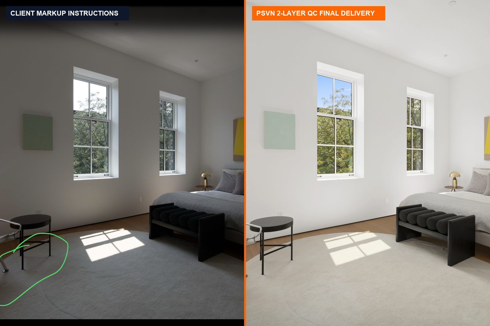Real Estate Photo Editing Style Profile Guide: Window Pulls, White Balance & Markup Rules (2026) 1 Client iPad markup instructions vs finished PSVN custom real estate photo editing style profile delivery