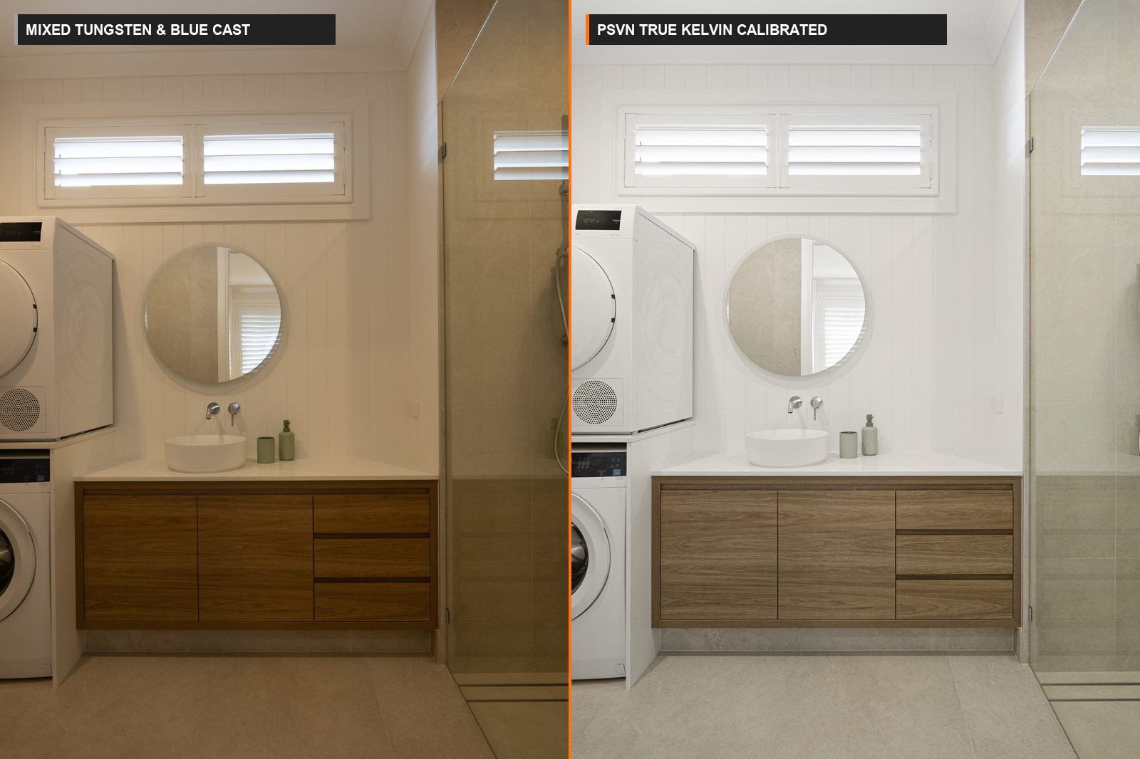 Before and after real estate photo color cast removal showing yellow tungsten ceiling cast vs PSVN neutral ceiling and true wood tones