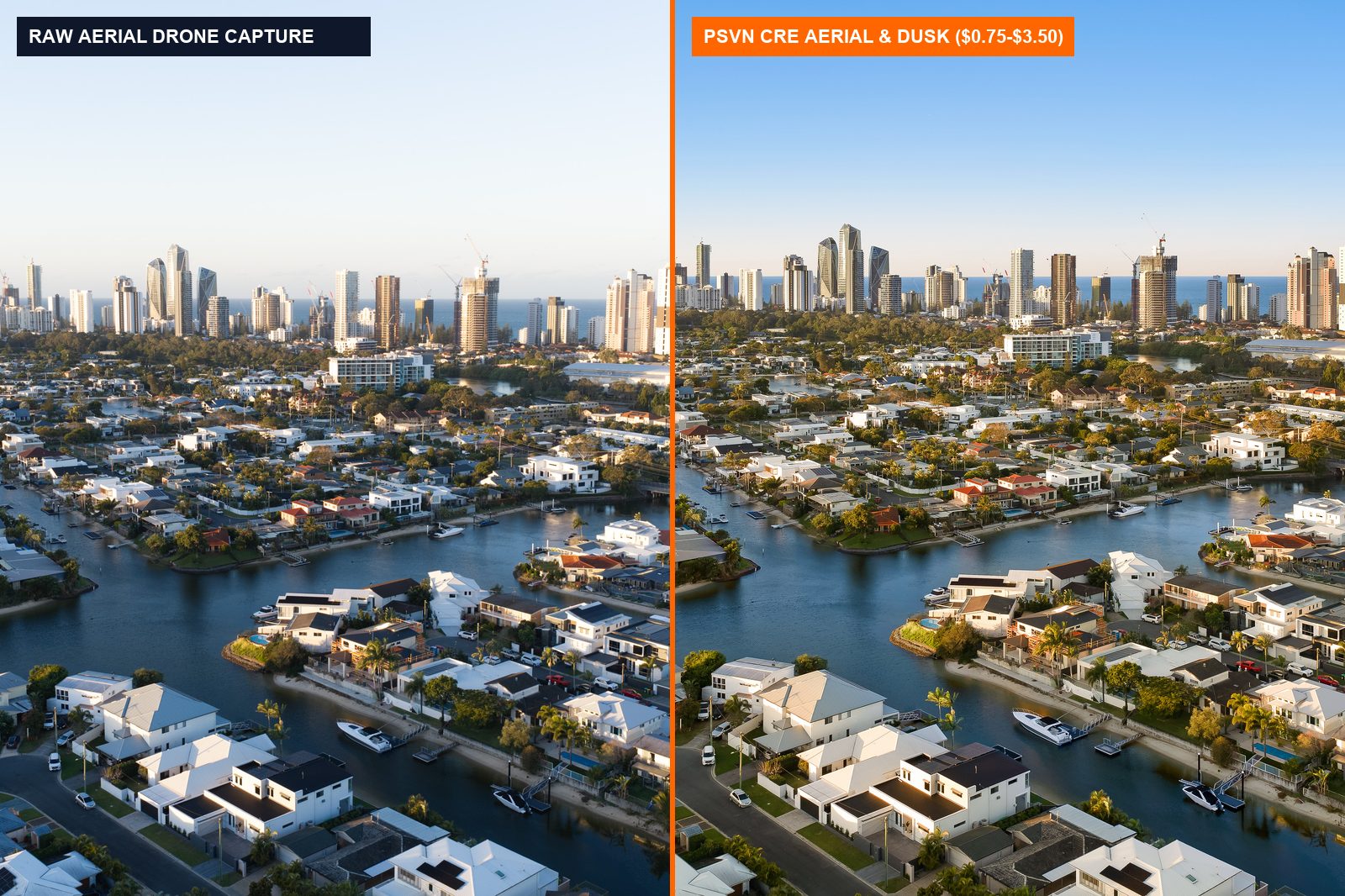 Commercial Real Estate Photo Editing & Drone Graphics Guide: Retail Callouts, Tenant Logos & Twilight Renderings (2026) 1 Before and after commercial real estate drone photo editing showing raw aerial vs PSVN twilight and parcel grading