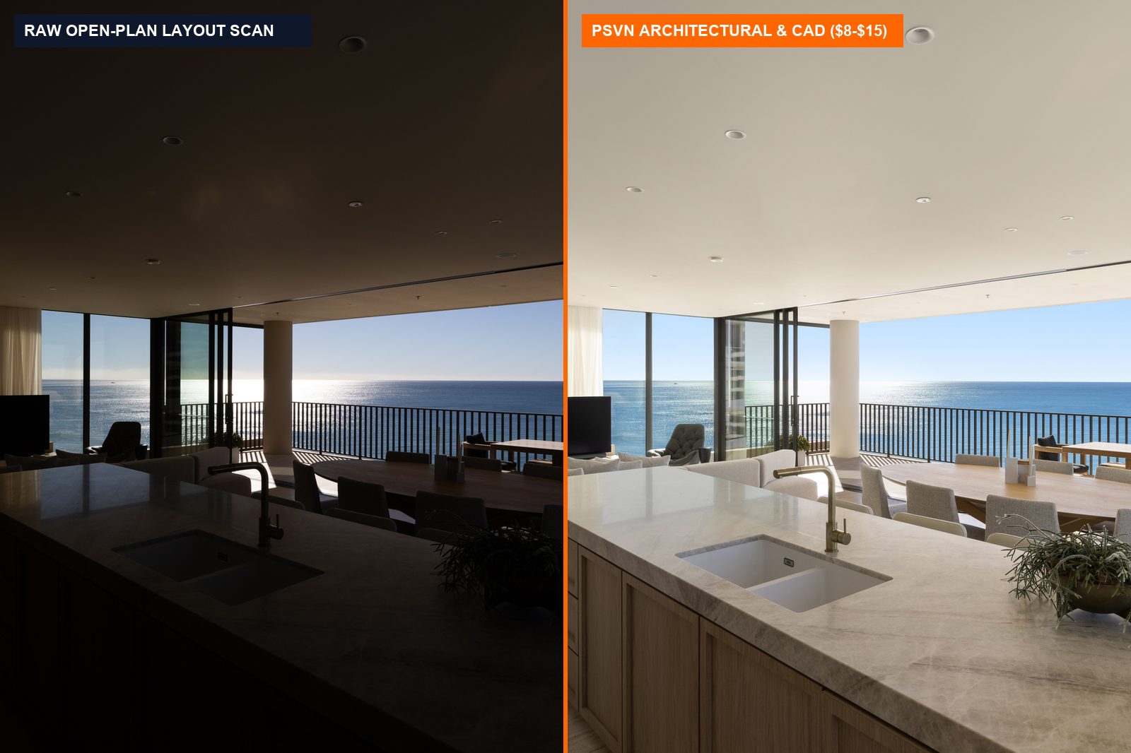 Before and after open-plan real estate interior and floor plan layout verification by PSVN