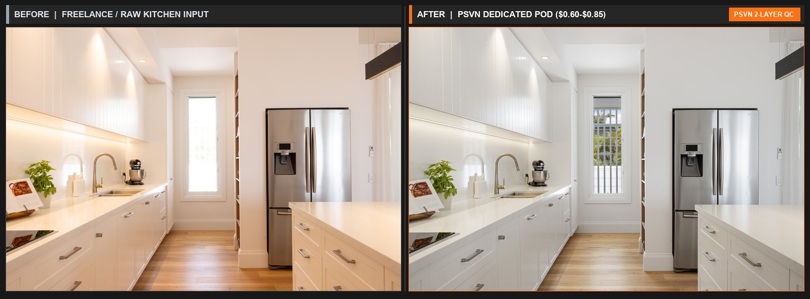 Before and after dedicated real estate photo editor vs freelance marketplace showing raw ambient bracket vs PSVN dedicated pod blend
