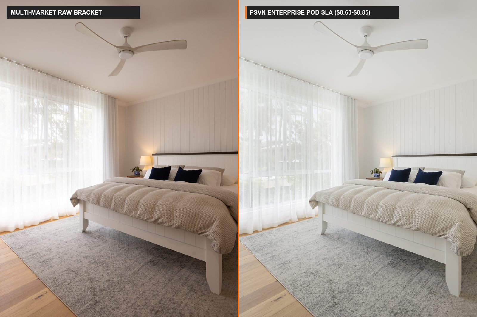 Enterprise Real Estate Photo Editing Service for Brokerages & Media Agencies: SLA & Pods (2026) 1 Before and after enterprise real estate photo editing for multi-market brokerages showing raw bracket vs PSVN standardized 12h SLA output
