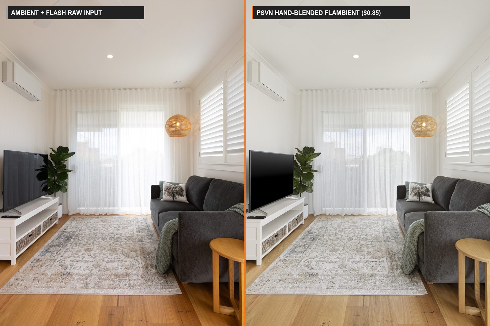 Flambient Blending Workflow Real Estate Photography Guide: Camera Settings & Luminosity Mode (2026) 1 Before and after flash-ambient (Flambient) blending workflow showing ambient exposure vs PSVN hand-blended Flambient final ($0.85 USD)