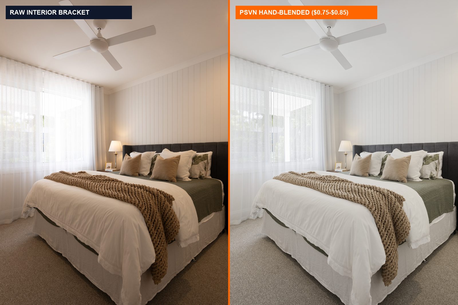 Flambient vs. HDR Real Estate Photo Editing Cost: 2026 Studio Margin & Rate Breakdown (USD, AUD, GBP) 1 Before and after flambient vs hdr real estate photo editing cost comparing unedited bracket vs PSVN $0.75-$0.85 hand-blended final