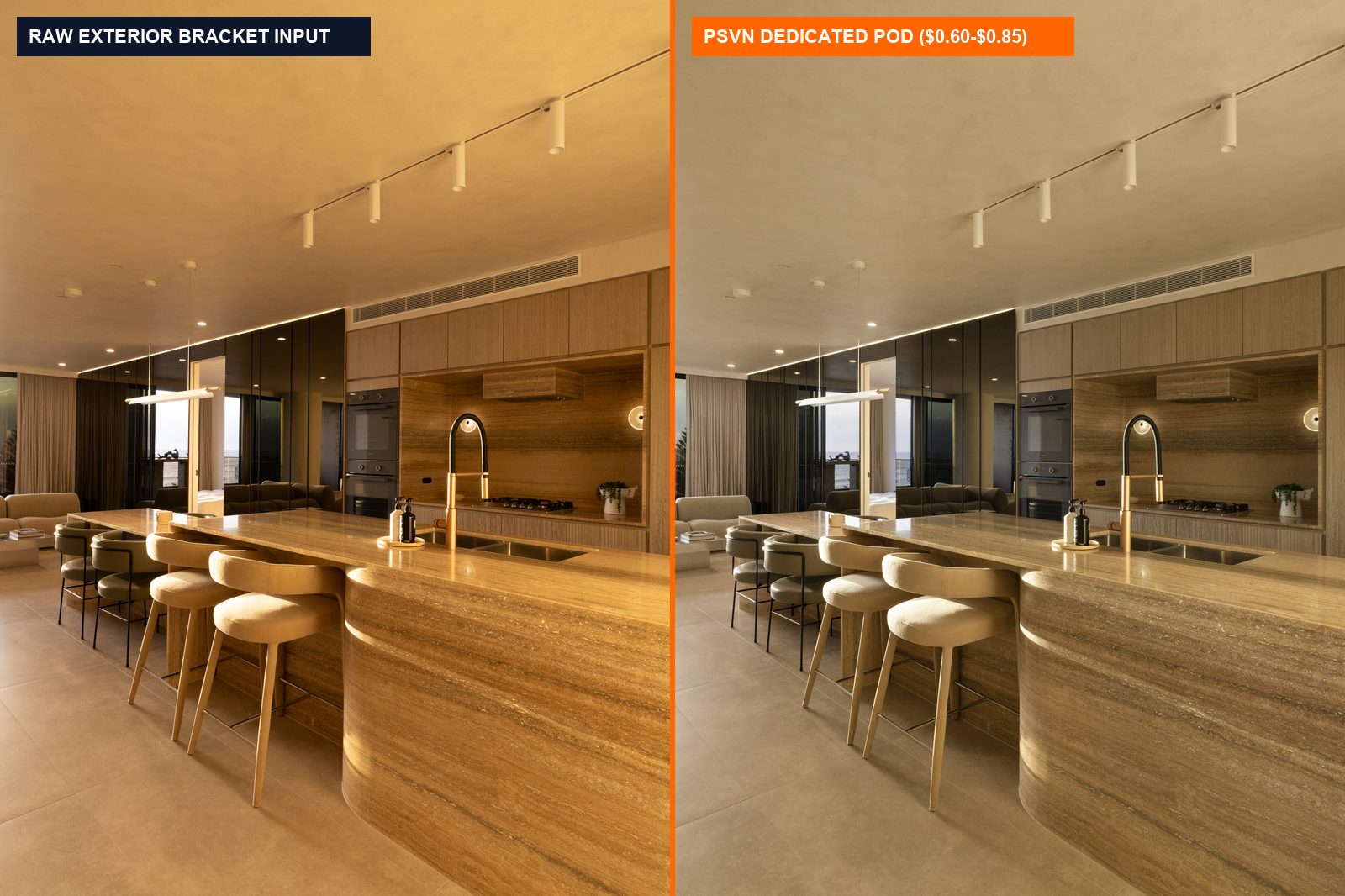 In-House vs Outsourced Real Estate Photo Editing: 2026 Studio Cost & Profit Margin Calculator 1 Before and after real estate exterior golden hour editing by PSVN dedicated 80-editor B2B studio team