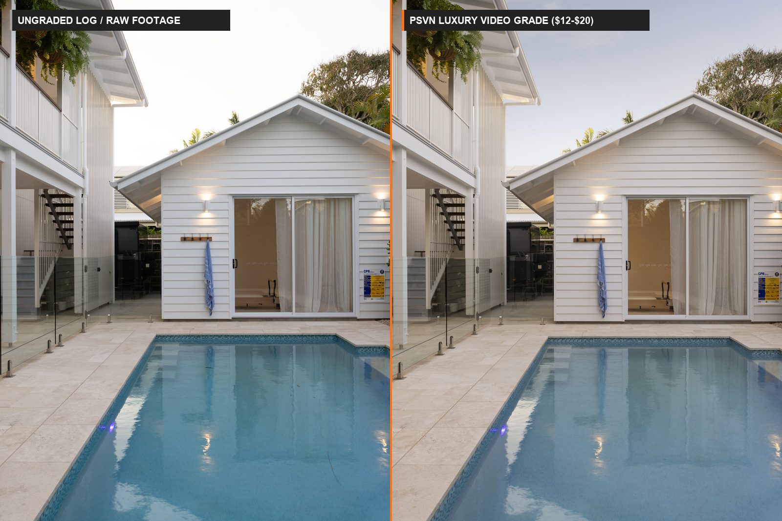 Before and after luxury real estate video editing showing ungraded S-Log3 frame vs PSVN Rec.709 color grading and motion callouts ($12-$20)