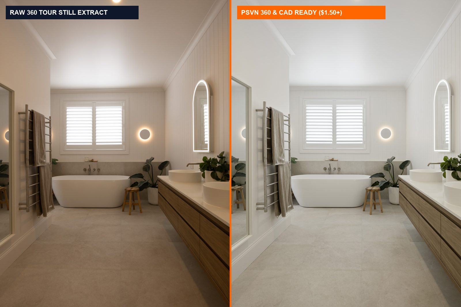 Matterport iGuide Virtual Tour Editing: 360° Stitching, Nadir Patching & Floor Plans (2026) 1 Before and after Matterport and iGuide 360 virtual tour interior enhancement and floor plan post-production by PSVN