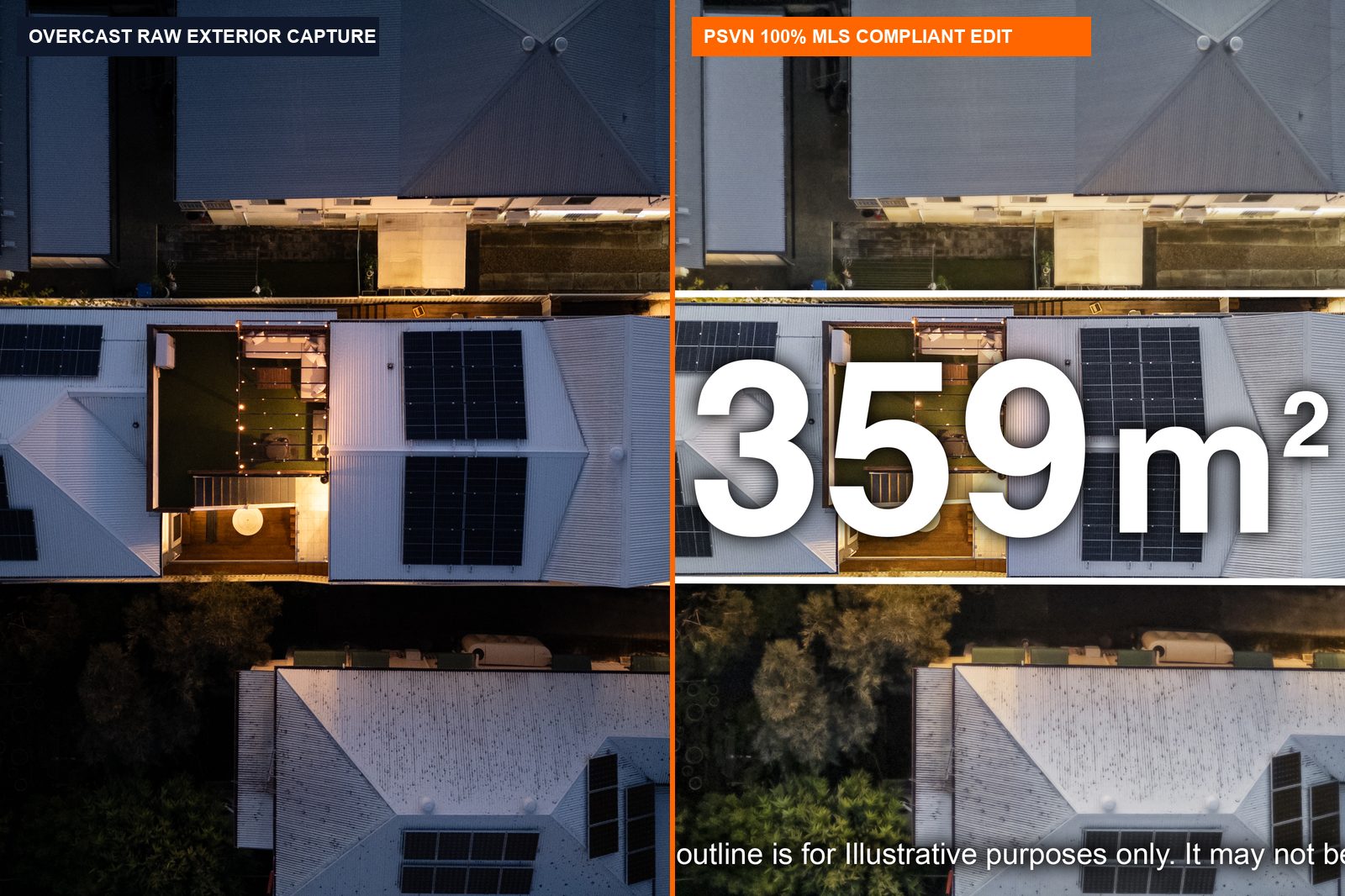Before and after MLS photo editing compliance showing overcast raw exterior vs PSVN truth-in-advertising compliant edit