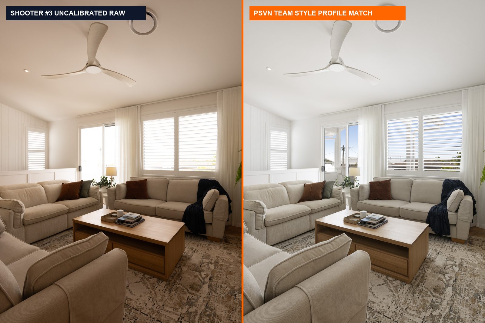 Multi Shooter Real Estate Photography Team Workflow: Standardizing Presets & QC (2026) 1 Before and after multi-shooter real estate photography team editing workflow comparing uncalibrated shooter bracket vs PSVN standardized style profile