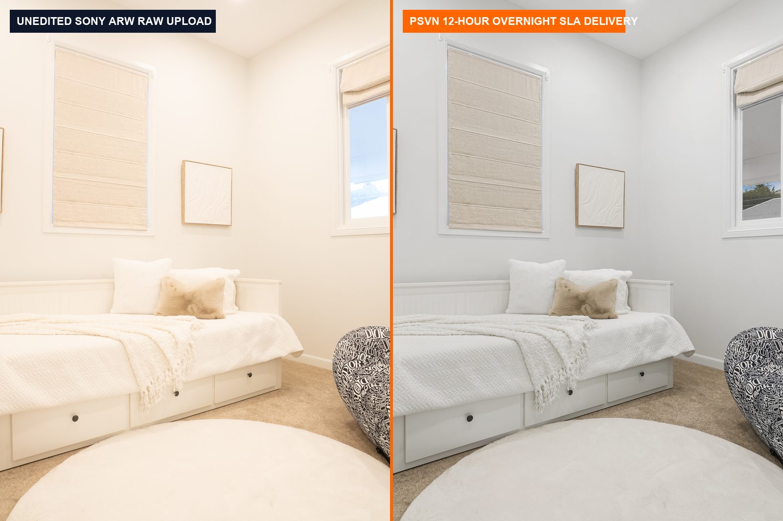 How to Outsource Real Estate Photo Editing: Overnight 12-Hour Studio Workflow & SLA Guide (2026) 1 Before and after outsourced real estate photo editing showing Sony ARW raw vs PSVN 12-hour overnight delivery