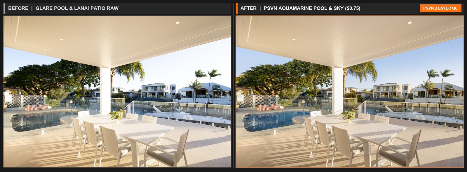 Before and after pool water enhancement and outdoor patio twilight retouching in real estate photo editing by PSVN