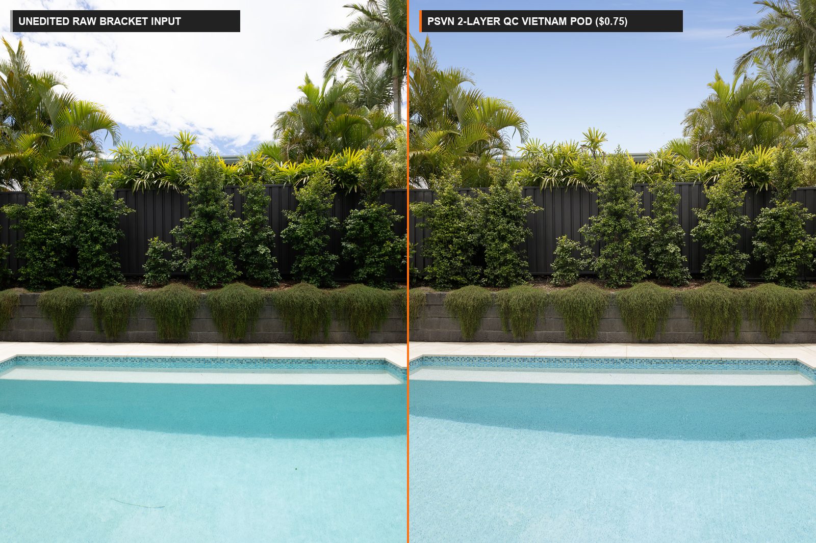 Before and after pros and cons of Vietnam real estate photo editing showing raw bracket vs PSVN 2-Layer QC overnight blend ($0.60-$0.85)