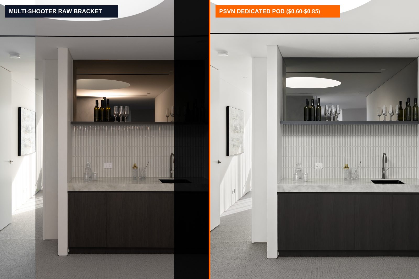 How Multi-Photographer Real Estate Media Agencies Scale to 100+ Shoots/Week with Dedicated Editing Pods (2026) 1 Before and after real estate media agency post production showing multi-shooter raw bracket vs PSVN standardized style profile