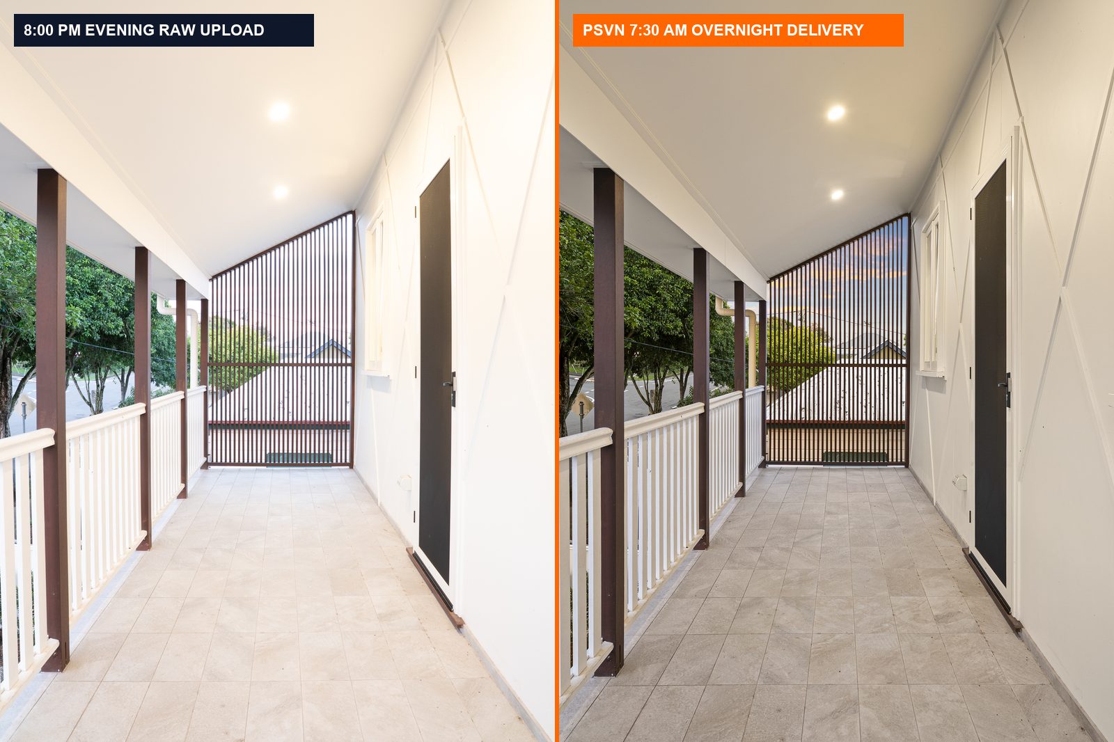 Before and after real estate photo editing turnaround time comparison showing evening RAW bracket vs PSVN 8 AM morning delivery