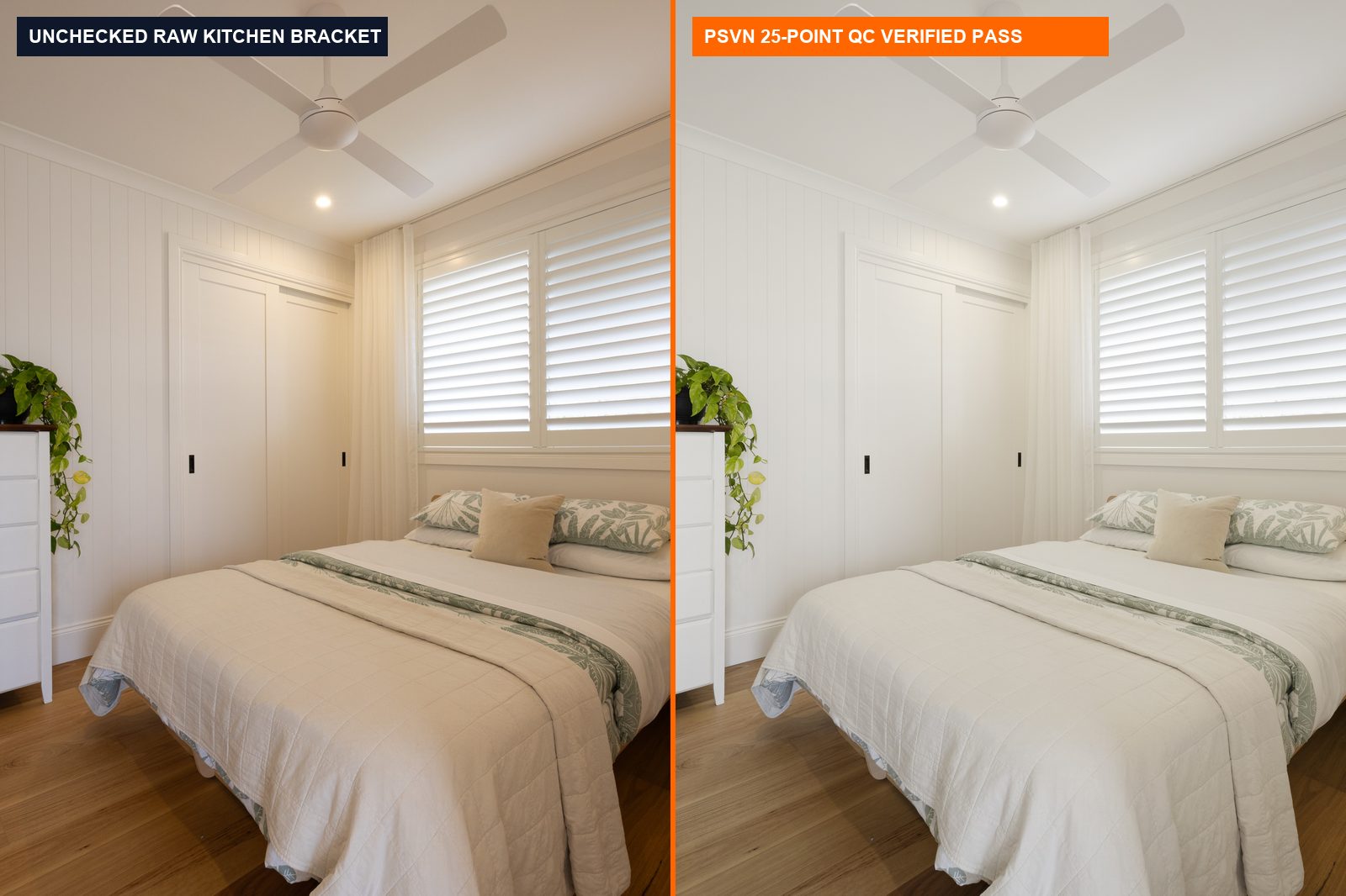 Before and after 25-point real estate photo editing checklist inspection comparing raw bracket vs PSVN 2-layer QC verified kitchen