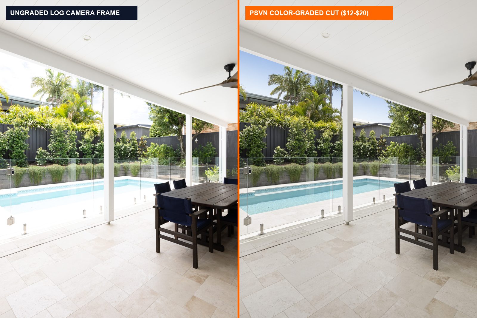 Before and after real estate video editing pricing comparison showing ungraded log frame vs PSVN color-graded walkthrough ($12-$20)