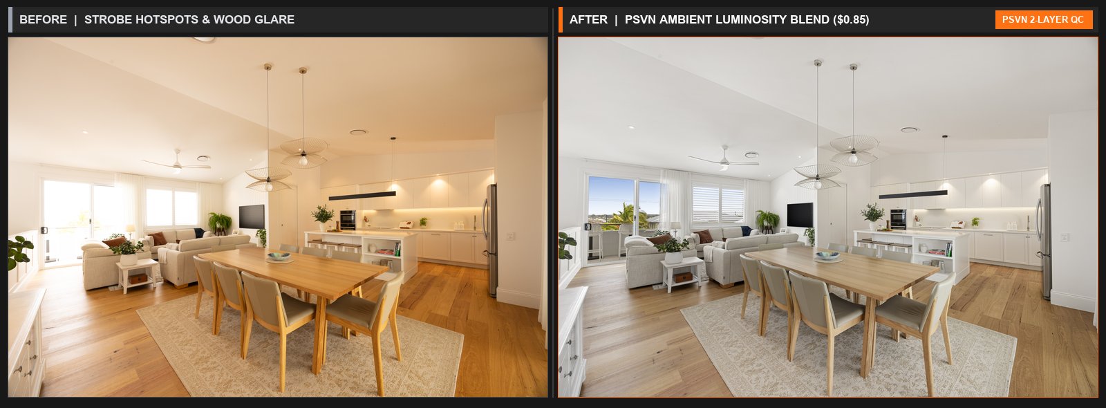 Before and after flash glare and specular hotspot removal on hardwood floors and cabinets in real estate photo editing by PSVN