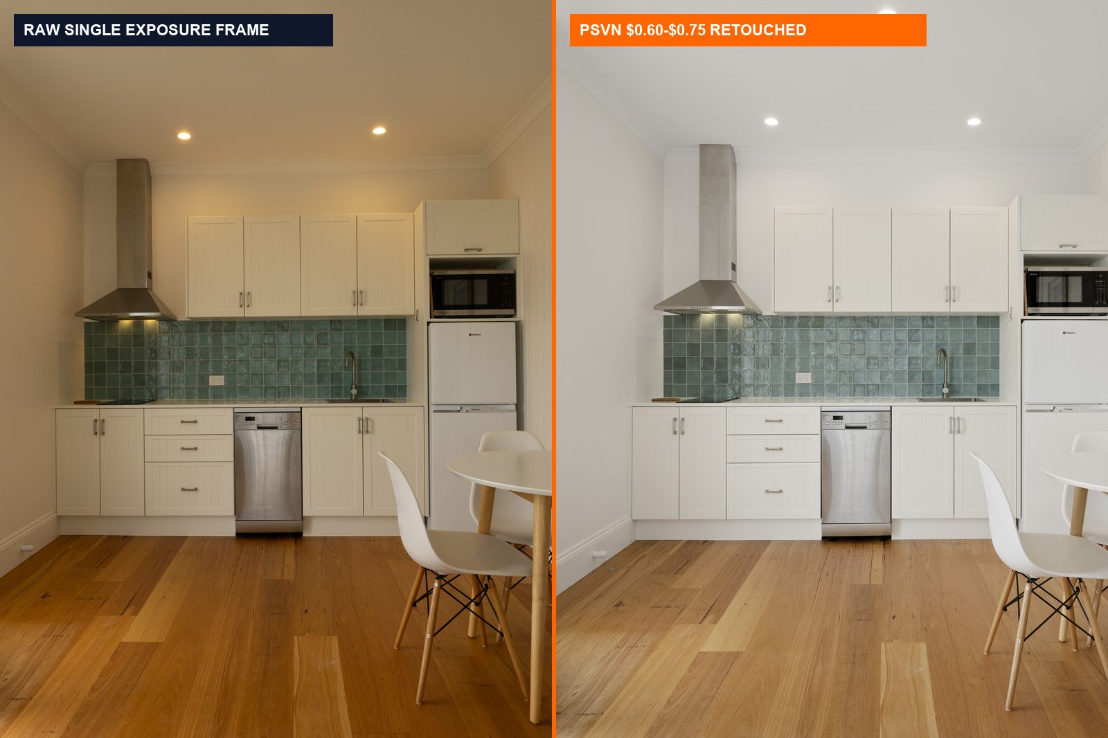 Single Exposure vs HDR Real Estate Photo Editing: When $0.60 Beats $0.75–$0.85 Bracketing (2026 Guide) 1 Before and after single exposure vs HDR real estate photo editing showing raw frame vs PSVN $0.60-$0.75 retouching