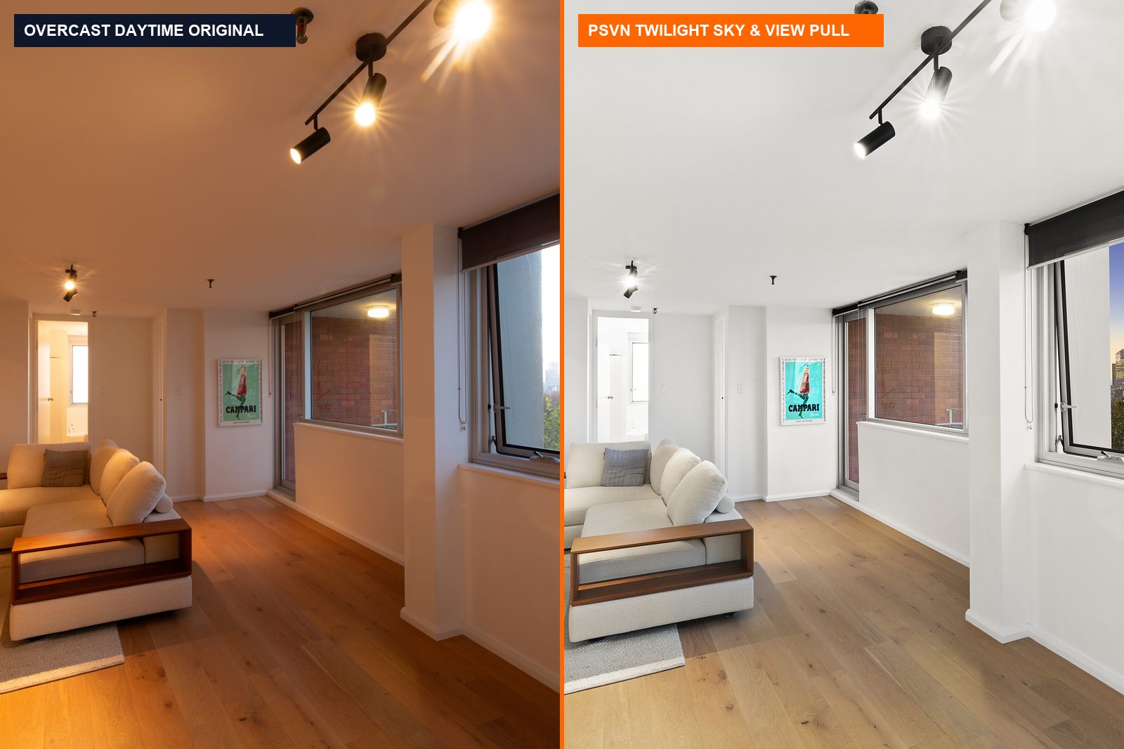 Real Estate Sky Replacement & Twilight Window View Pulls: Natural & MLS Compliant (2026) 1 Before and after real estate sky replacement and high-rise balcony window view pull by PSVN