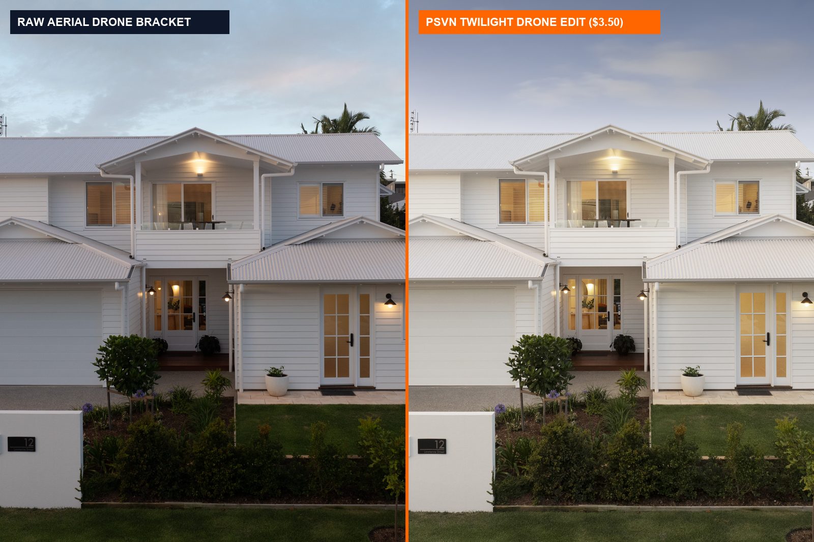 Twilight & Dusk Drone Real Estate Photo Editing Guide: Sunset Skies, Window Glow & Lot Lines (2026) 1 Before and after twilight drone real estate photo editing comparing raw aerial capture vs PSVN dusk sky and window glow