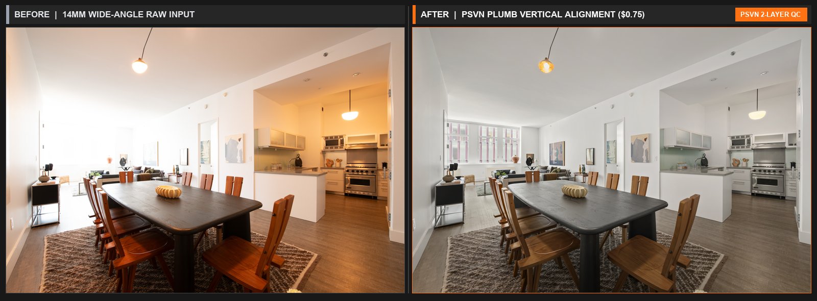 Before and after vertical line correction and barrel lens distortion removal in real estate photo editing by PSVN ($0.60-$0.85)