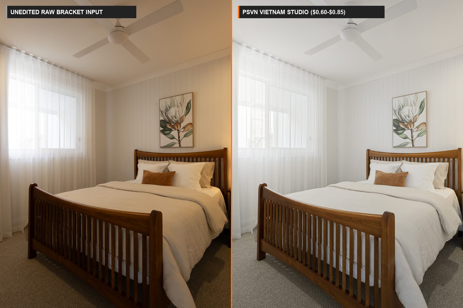 Vietnam Real Estate Photo Editing (2026 Guide): Why US, UK & AU Studios Outsource Overnight ($0.60–$0.85, Pros, Cons & QC) 1 Before and after Vietnam real estate photo editing showing unedited RAW bracket vs PSVN 12-hour overnight hand-blended final ($0.60-$0.85 USD)