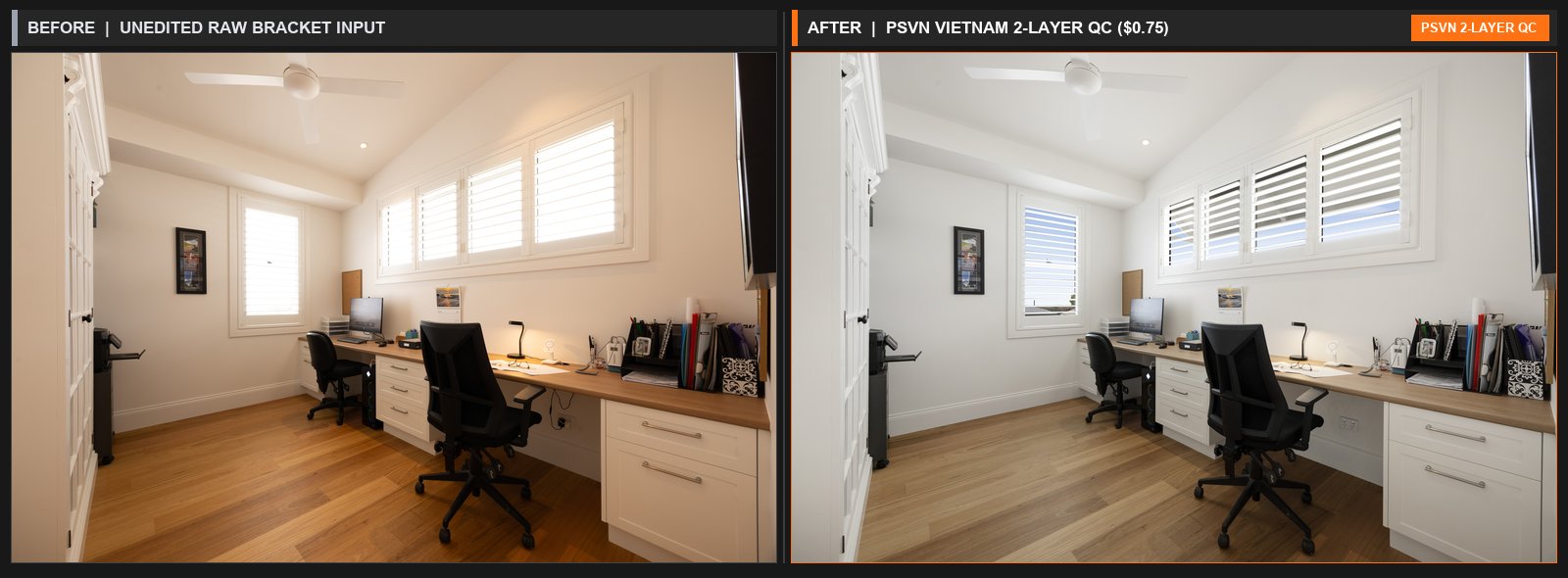 Before and after Vietnam vs India vs Philippines real estate photo editing showing raw bracket vs PSVN 2-Layer QC Vietnam pod ($0.60-$0.85)