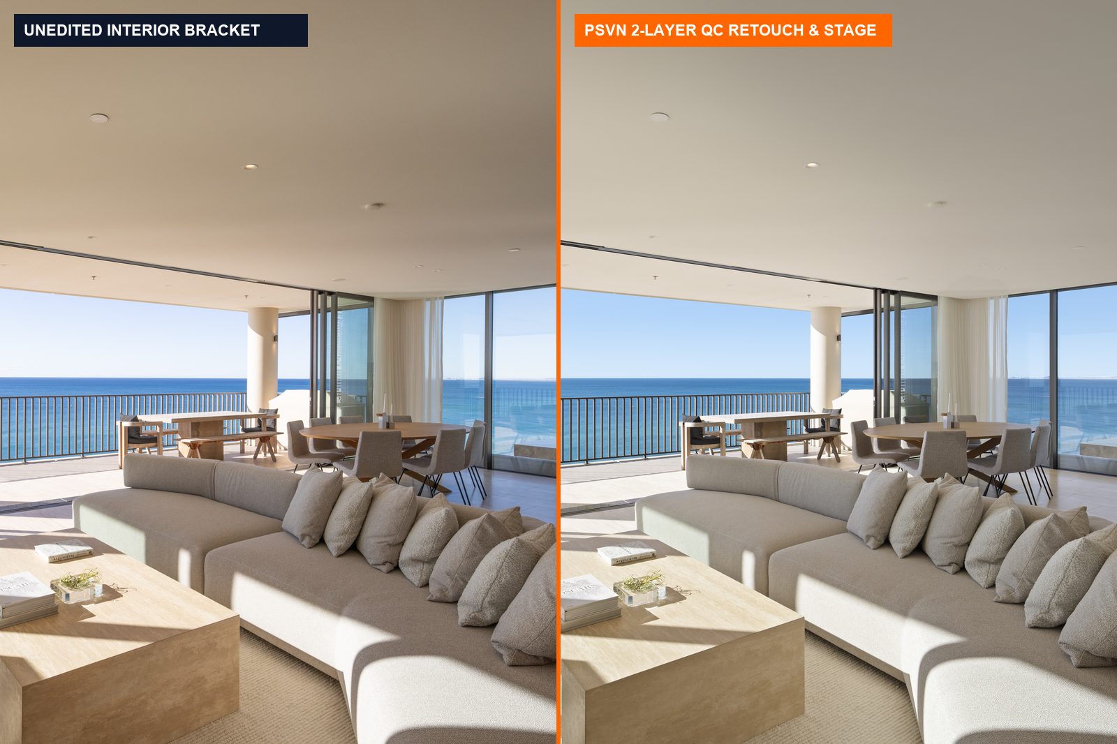 Virtual Renovation Real Estate & White-Box Staging Guide: Cost, Turnaround & MLS Rules (2026) 1 Before and after real estate interior retouching and virtual renovation staging preparation by PSVN