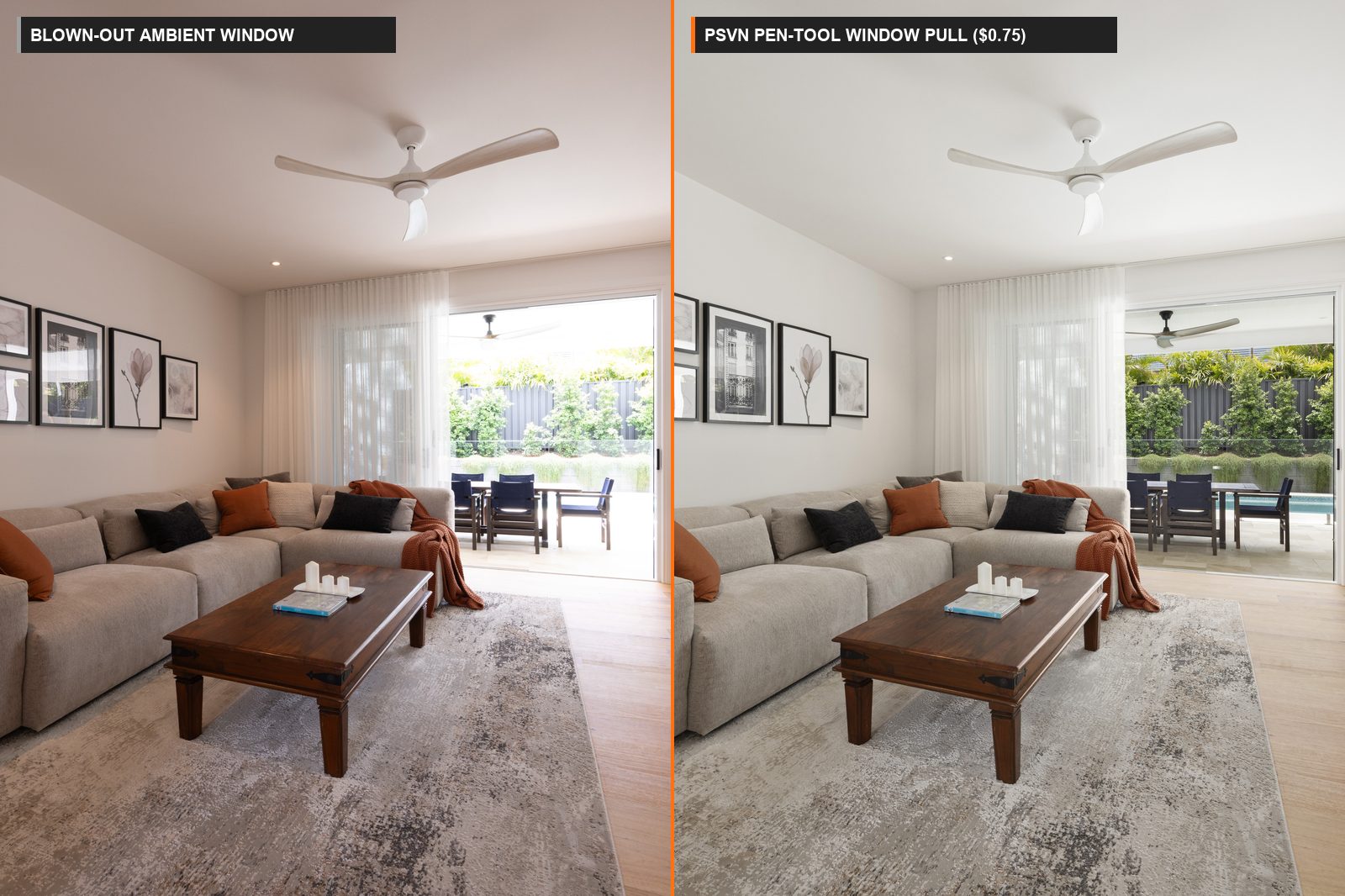 Before and after window pull real estate photo editing showing blown-out window exposure vs PSVN pen-tool luminosity window pull