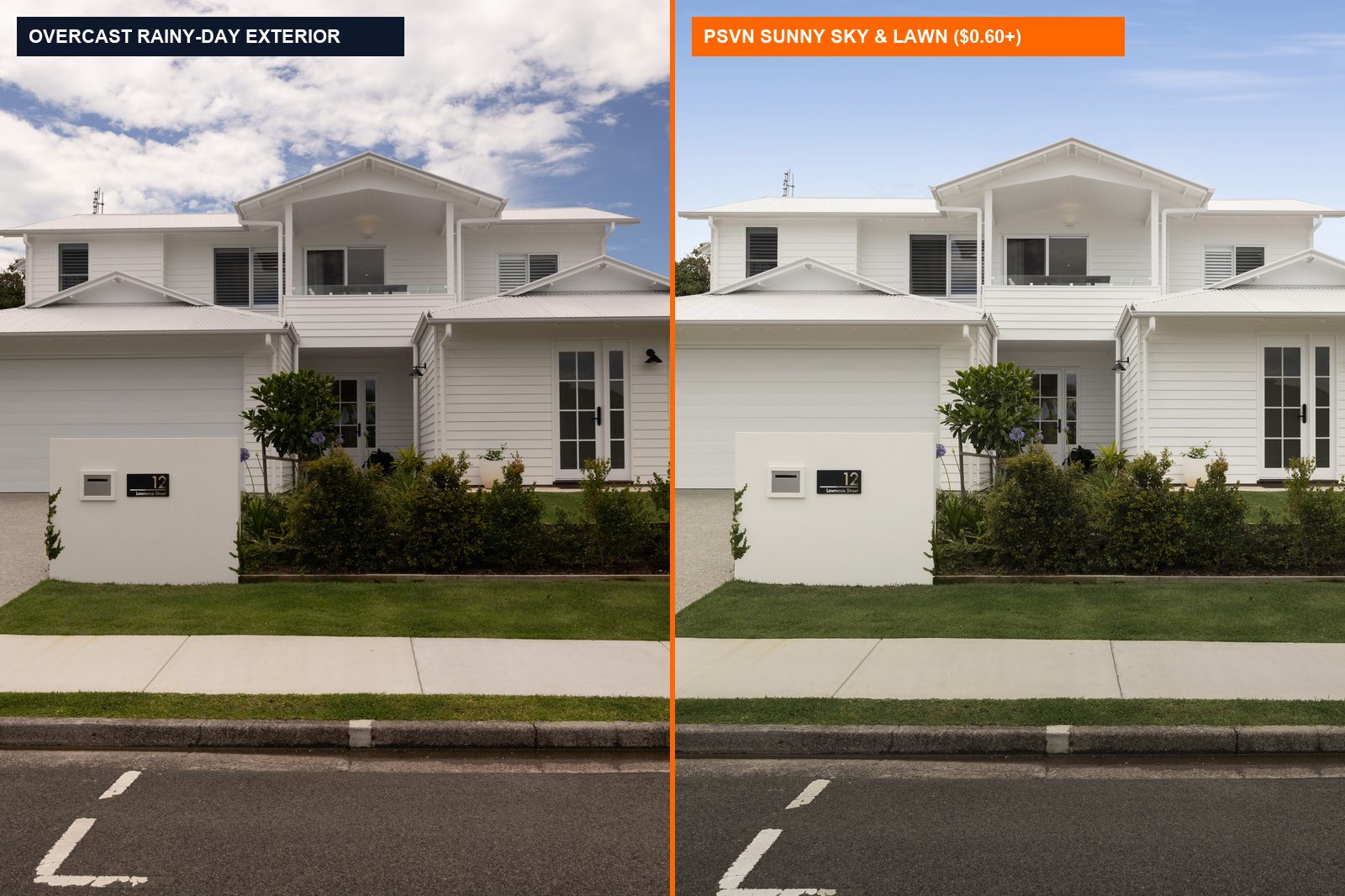 Before and after winter and rainy day real estate photo editing showing overcast exterior vs PSVN sunny sky and green lawn ($0.60+)
